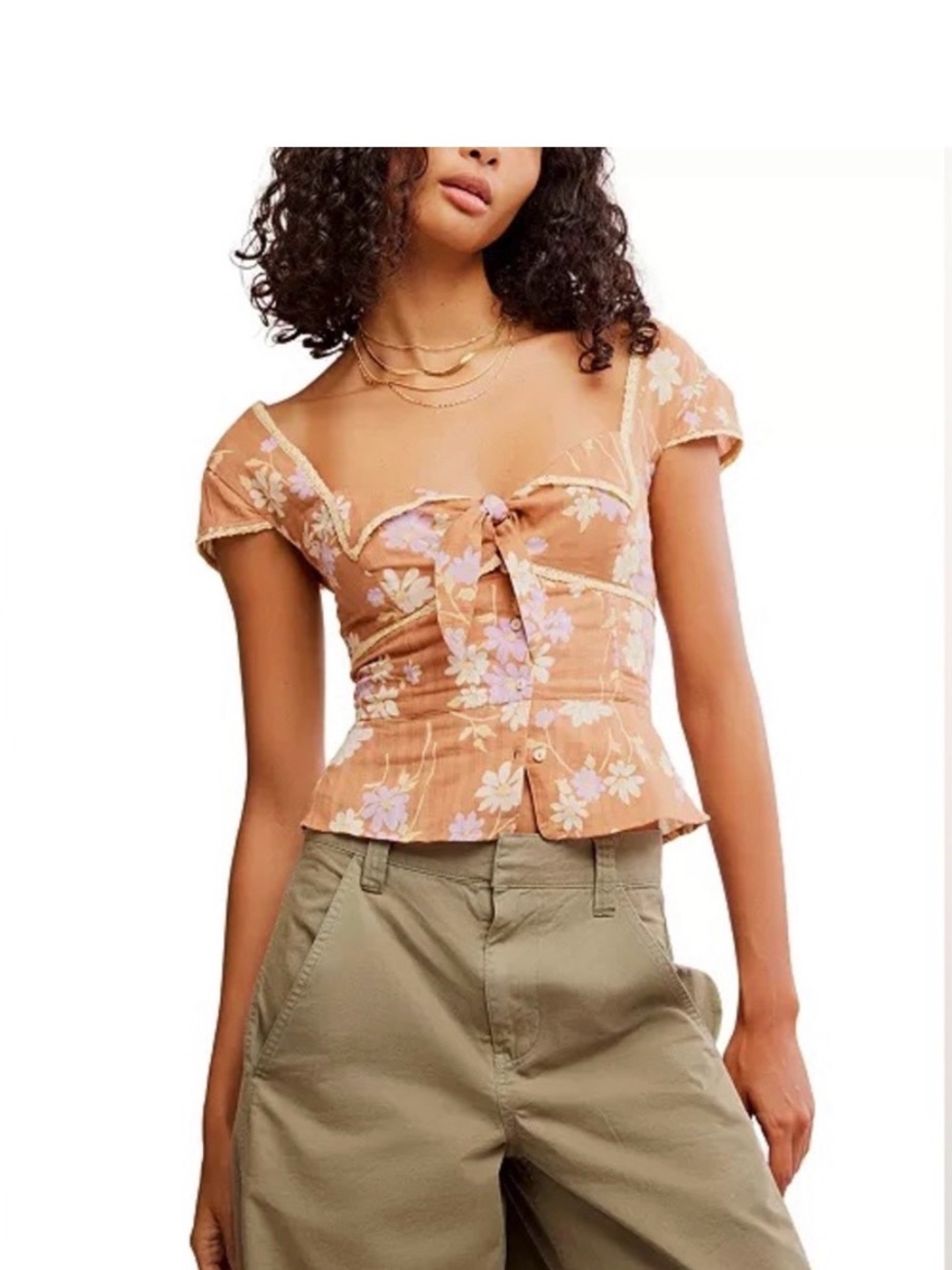 Free People Call Me Baby Blouse brown floral front tie detail  lace trim XL